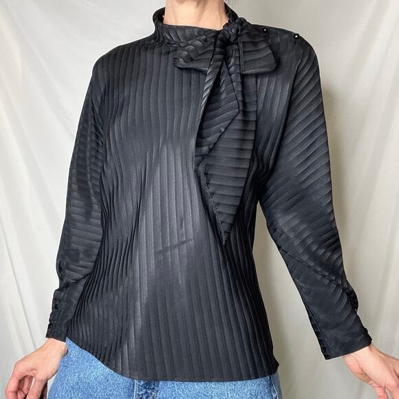 Vintage‎ 90s tie neck bow blouse black striped satin jacquard long sleeve M - Picture 10 of 16